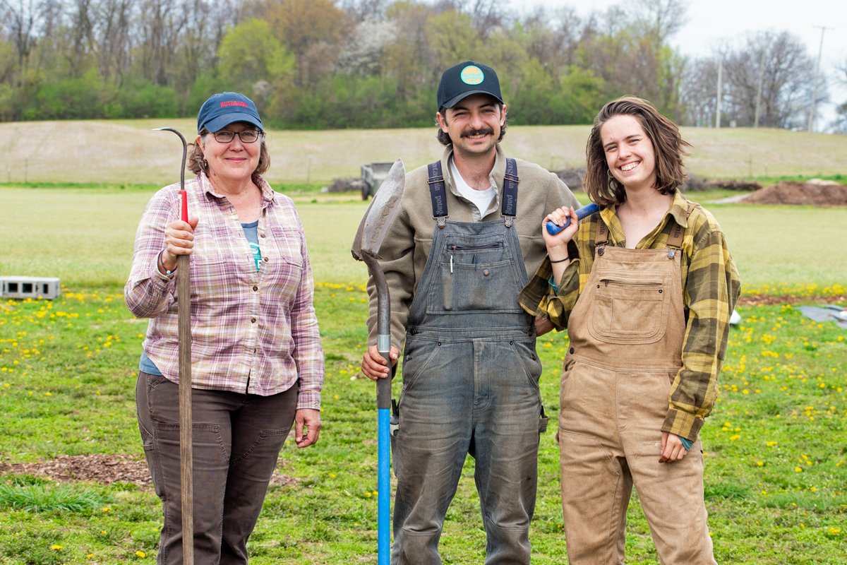 Kim Bayer, owner of Slow Farm, with farm managers Zach Goodman and Magda Nawrocka-Weekes. (Photo credit: Paige Hodder)